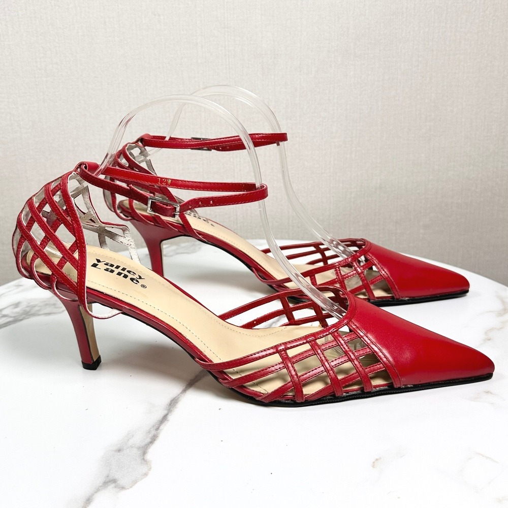 Valley Lane Ruby Red Leather Cage Pointed Toe Ankle Strap 3" Heel Pumps 12W New